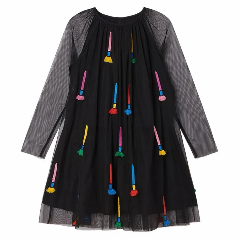 Stella McCartney Black Long-Sleeve Kids Dress with Colorful Broom Appliqués
